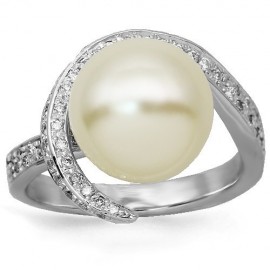 14 K fehérarany női gyémánt gyöngy gyűrű 0.28 Ctw