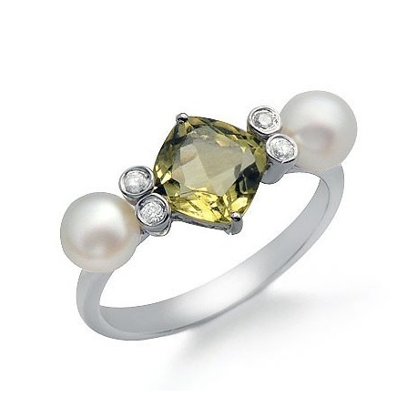 Green Lemon Quartz Pearl and Diamond Gemstone Ring in White 14K Gold