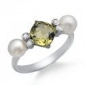 Zöld citrom kvarc gyöngy és drágakő gyémánt gyűrű 14 K fehér arany