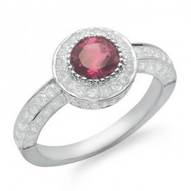 Solitaire Round Cut Pink Tourmaline and Diamond Gemstone Ring in White Gold
