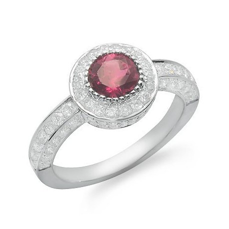 Solitaire Round Cut Pink Tourmaline and Diamond Gemstone Ring in White Gold