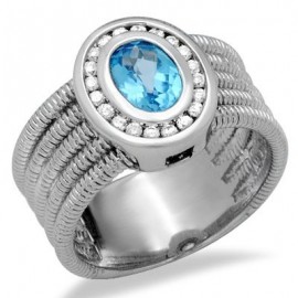 Pasziánsz ovális vágott kék topáz drágakő gyémántgyűrű 14 K fehér arany