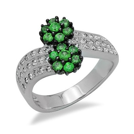Green Garnet Diamond Cluster Gemstone Flower Ring in White 14K Gold