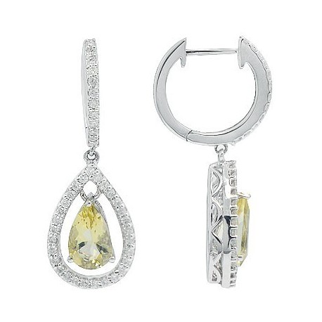 Green Quartz Diamond Drop Gemstone Earrings in White 14K Gold