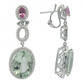 Green Amethyst Diamond Designer Gemstone Earrings in White 14K Gold