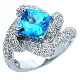 Whirlpool White Blue Topaz Diamond Gemstone Ring 14K Gold