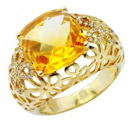Díszes virág sárga párna citrin briliáns gyémánt nagy drágakő gyűrű 14 K arany