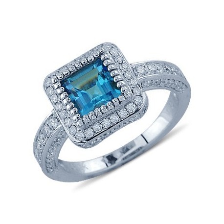 Bright Princess Cut Blue Topaz Pave Diamond Gemstone Ring In 14K White Gold