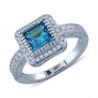 Bright Princess Cut Blue Topaz Pave Diamond Gemstone Ring In 14K White Gold