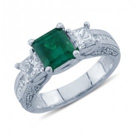 Square Cut Emerald Round and Princess Diamond Gemstone Ring In 14K White Gold