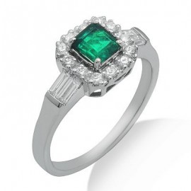Rectangular Cut Emerald Round and Baguette Diamond Gemstone Ring In 18K White Gold