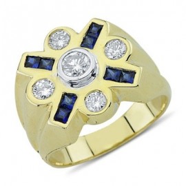 Brilliant Princess Cut Sapphire and Round Cut Diamond Large Gemstone Mens Ring In 14K Yellow Gold