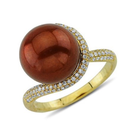 Floating Cooper Pearl Pave Set Diamond Gemstone Ring In 14K Yellow Gold