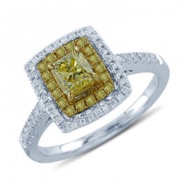 Fiery Fancy Yellow and Round Cut White Diamond Square Ring In 18K White Gold