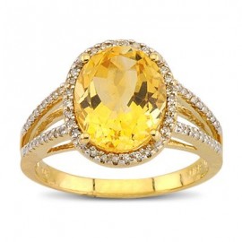 Checkerboard Cut Citrine Prong Set Diamond Gemstone Ring In 14K Yellow Gold