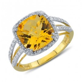 Lambent Cushion Cut Prong Set Citrine Round Diamond Gemstone Ring In 14K Yellow Gold