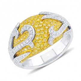 Brilliáns egyengetni készlet kerek kivágás Fancy sárga és fehér gyémánt szövik gyűrű 14 K fehér arany