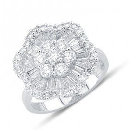 Enchanting Round and Baguette Cut Diamond Cluster Ballerina Ring In 18K White Gold