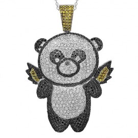 10K White Gold Mens Diamond Custom Teddy Bear Pendant with Black and Yellow Diamonds 17.00 Ctw
