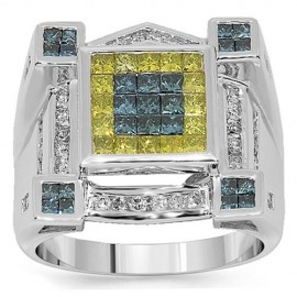 14K White Gold Mens Diamond Ring with Blue and Yellow Diamonds 2.50 Ctw