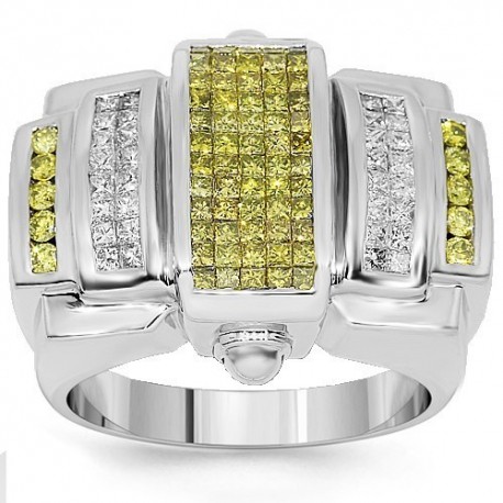 14K White Gold Mens Diamond Pinky Ring with Yellow Diamonds 2.07 Ctw